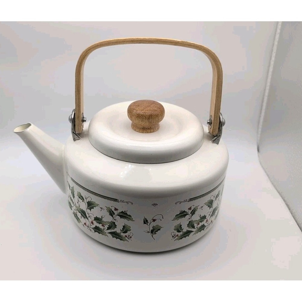 Royal Limited Holly Holiday-Holly w/ Gold Rim- Metal Tea Kettle with Wood Handle